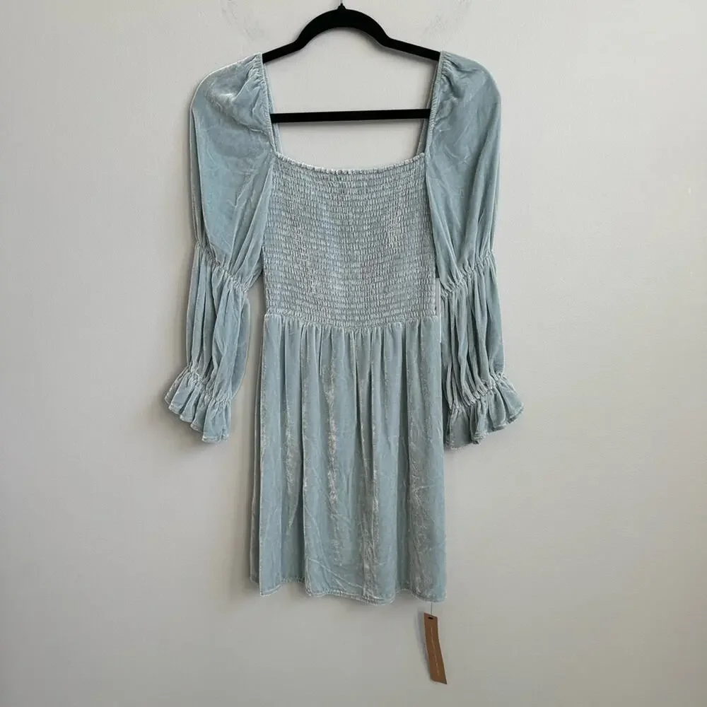 NEW Reformation Albi Long Sleeve Velvet Mini Dress in Turquoise Size XS - Picture 8 of 11